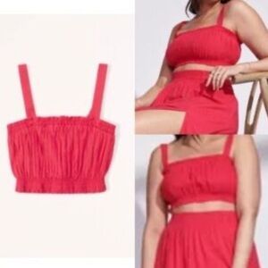 NWT Abercrombie A&F Linen Crop Tank Top red Pink ruched M